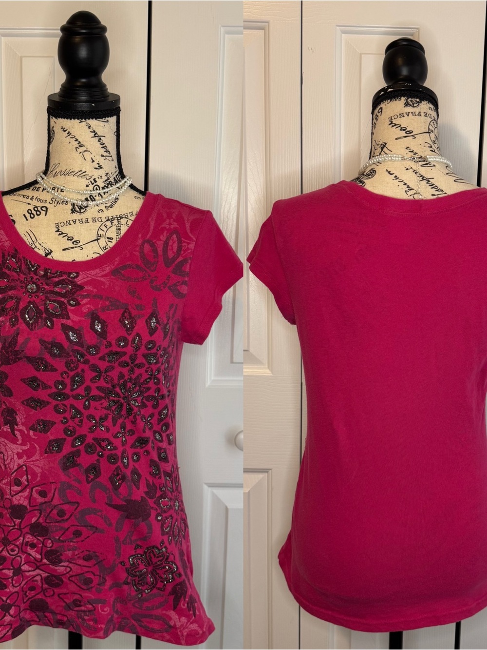 Twisted Magenta Short Sleeve Floral Accent Tee